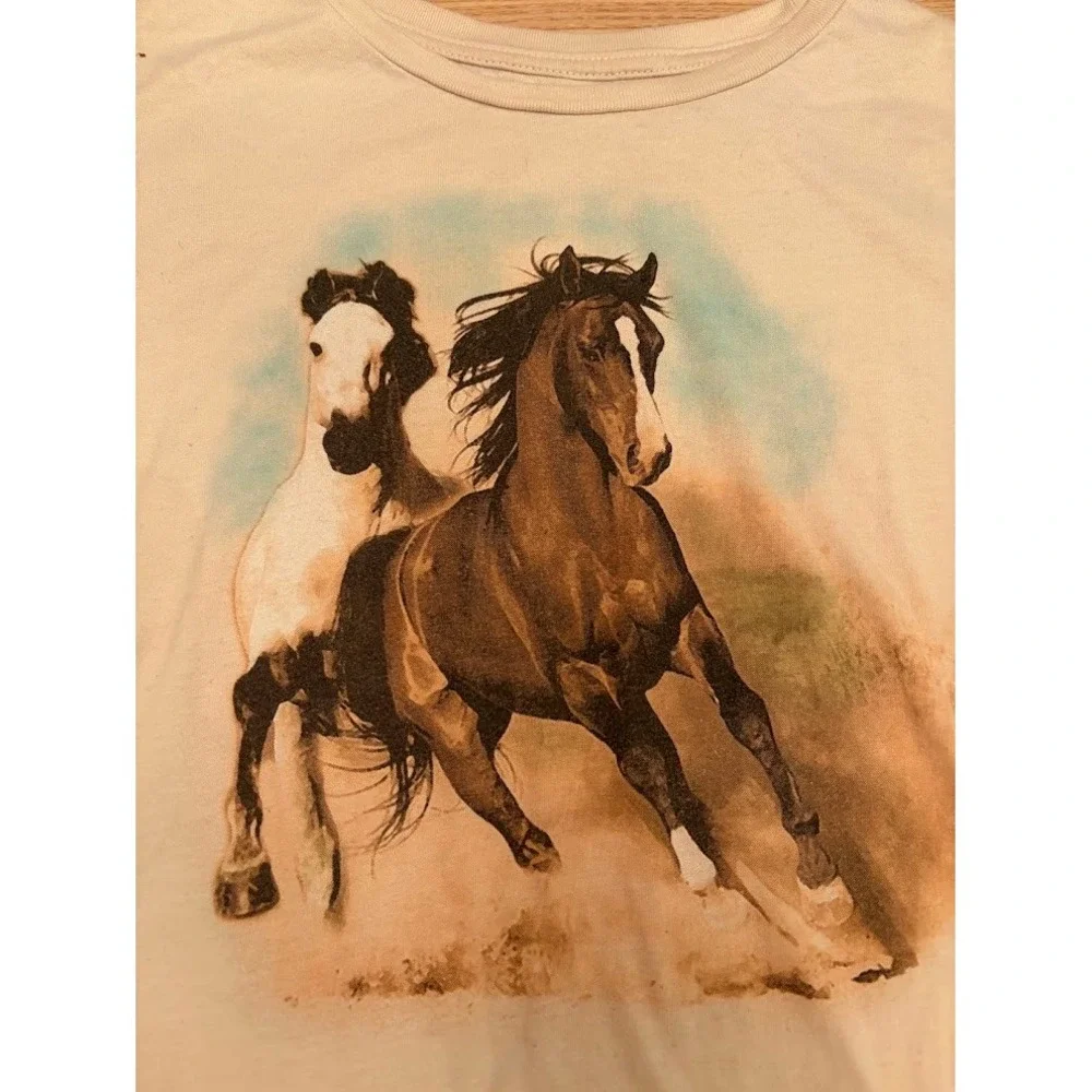 Wonder Nation Kids Tan Horse Graphic T-Shirt Short Sleeve Size L 10/12 V44